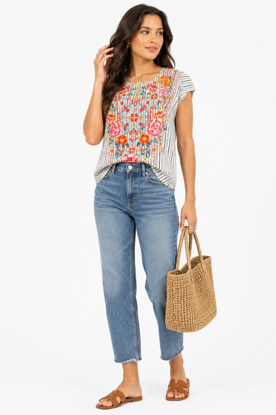 Savanna Jane Embroidered Floral Stripe Boho Blouse Small Short Sleeve Rayon